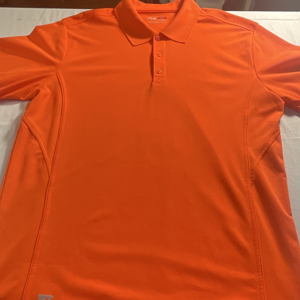 FILA Golf Performance Men's L Orange Solid Logo Polo Shirt Short Sleeve Button